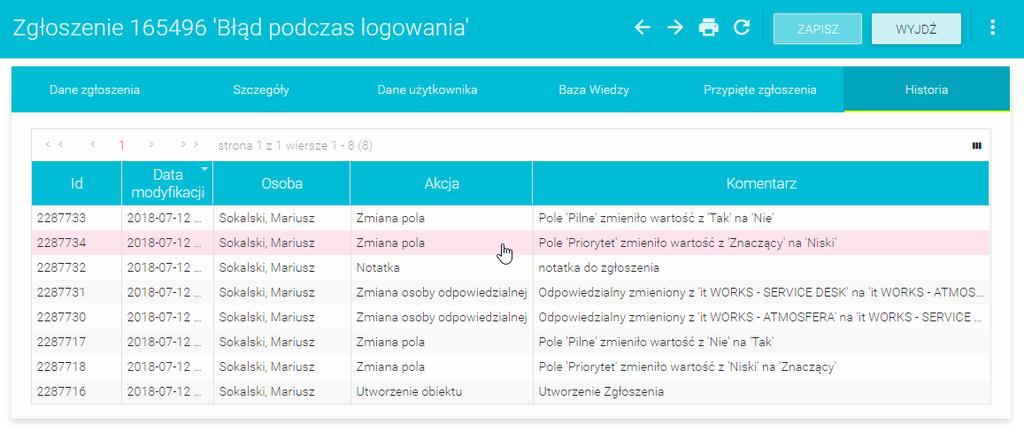 Po wejściu w szczegóły możemy zobaczyć dokładne informacje dotyczące zarejestrowanej zmiany.