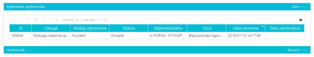 Po rozwinięciu sekcji Zgłoszenia użytkownika na dole formularza, operator rejestrujący zgłoszenie będzie miał możliwość wyświetlenia listy zgłoszeń wskazanego użytkownika końcowego.