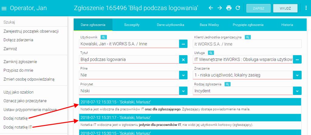 Ustaw jako szablon Akcja umożliwia utworzenie nowego zgłoszenia na bazie już istniejącego, na przykład gdy kolejna osoba zgłosi ten sam problem.