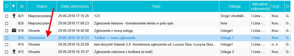 Rysunek 32: Zamrożone zgłoszenie na liście Zamknij zgłoszenie Akcja służąca do zakończenia procesu obsługi zgłoszenia.