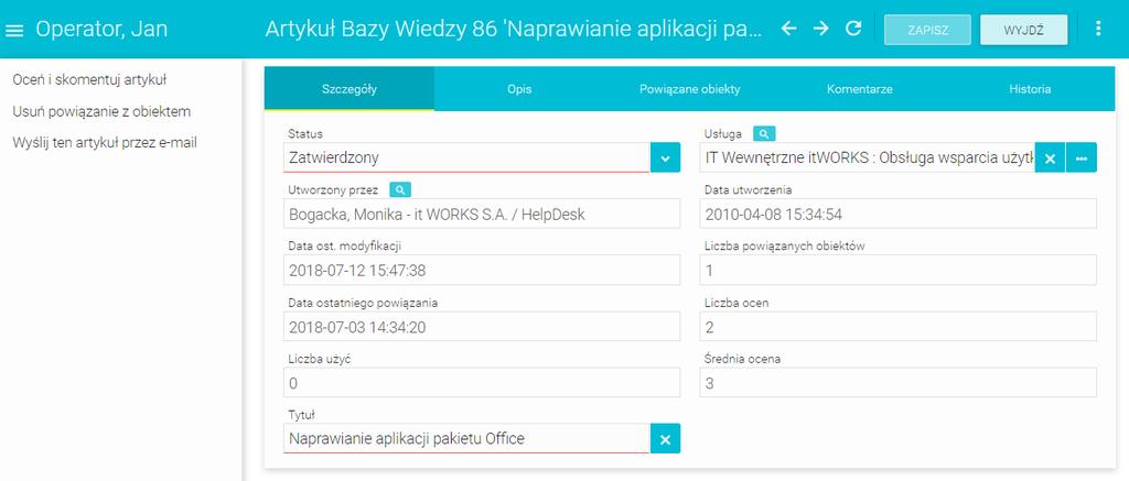 Rysunek 36: Szczegóły artykułu Bazy Wiedzy Rysunek 37: Opis artykułu Bazy Wiedzy Każdy artykuł posiada