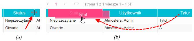 Szerokość kolumn zmienia się poprzez pociągnięcie separatora kolumny liście. Natomiast kolejność kolumn można zmieniać przeciągając nagłówek kolumny w lewo bądź prawo.