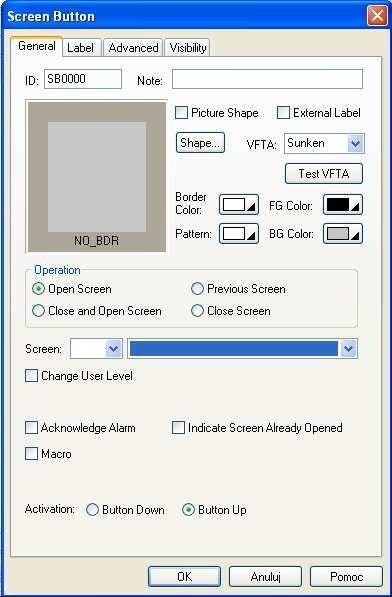 W oknie właściwości najważniejszym polem jest Screen, w którym podajemy jaki ekran ma się wyświetlić po naciśnięciu przycisku.