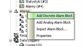 Dwukrotne kliknięcie na Alarms przenosi nas do okna ustawień alarmów. W oknie Size możemy ustawić ilość pamiętanych alarmów. Na przykład wartość 100 oznacza, że 101.
