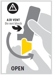 Przytrzymać inhalator tak, aby półprzezroczysta żółta nasadka ustnika była skierowana w dół. Nie ma potrzeby wstrząsania inhalatorem. 2.