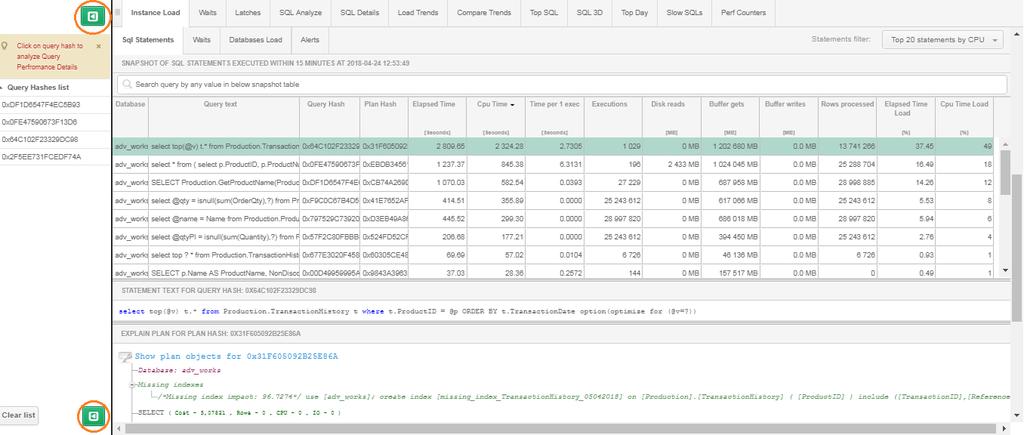 późniejszej analizy konkretnych zapytań Poniżej slajd z 4 zapytaniami dodanymi do analizy w funkcjonalności SQL Details.