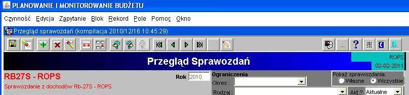 3.2. Okno sprawozdania jednostkowego - omówienie korzystania z ikon na górnym pasku ekranu widocznym na obrazie ekranu nr 6: Obraz ekranu 6 Aktywne ikony w arkuszu sprawozdania jednostkowego - górnej