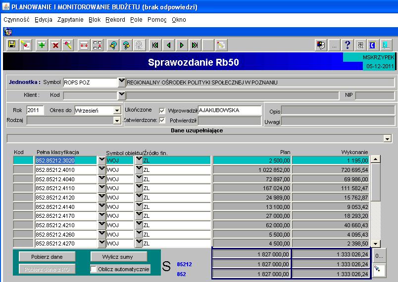 Obraz ekranu 18 - Sprawozdanie jednostkowe Rb-50 z zaczytanym planem i wykonaniem 3) Jeżeli zaistniała konieczność wypełniamy Dane uzupełniające do sprawozdania Rb-50 poprzez kliknięcie na listę