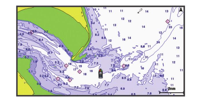 Mapa nawigacyjna i mapa wędkarska UWAGA: Mapa wędkarska jest dostępna wraz z płatnymi mapami w niektórych obszarach. Mapa nawigacyjna jest zoptymalizowana pod kątem nawigacji.