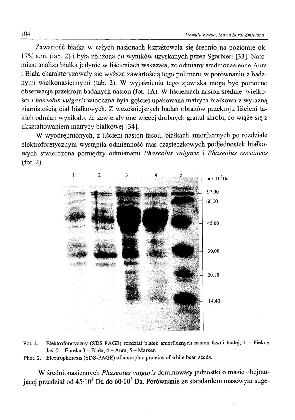 104 Urszula Krupa, Maria Soral-Śmietana Zawartość białka w całych nasionach kształtowała się średnio na poziomie ok. 17% s.m. (tab.
