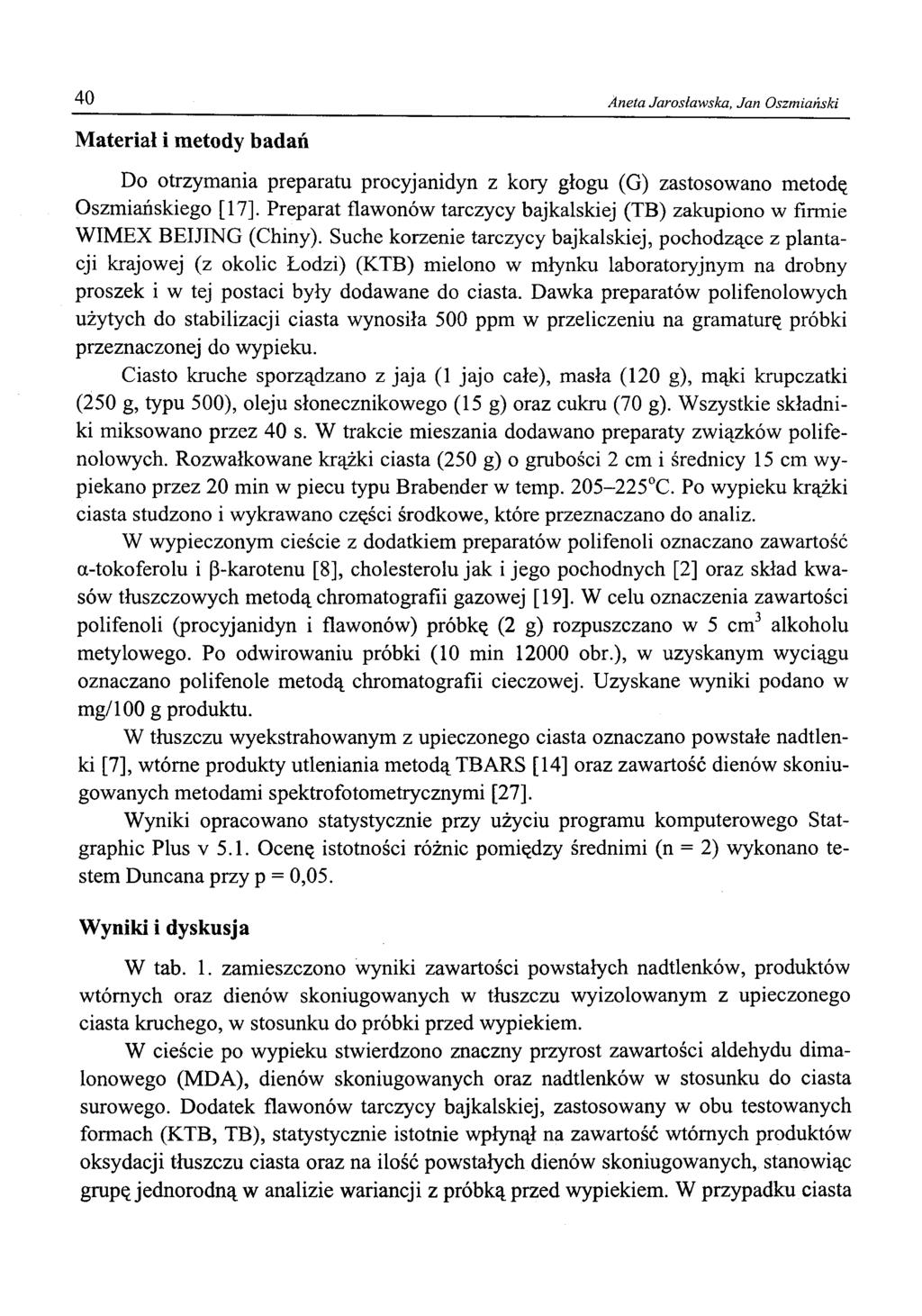 40 Aneta Jarosławska, Jan Oszmiański Materiał i metody badań Do otrzymania preparatu procyjanidyn z kory głogu (G) zastosowano metodą Oszmiańskiego [17].