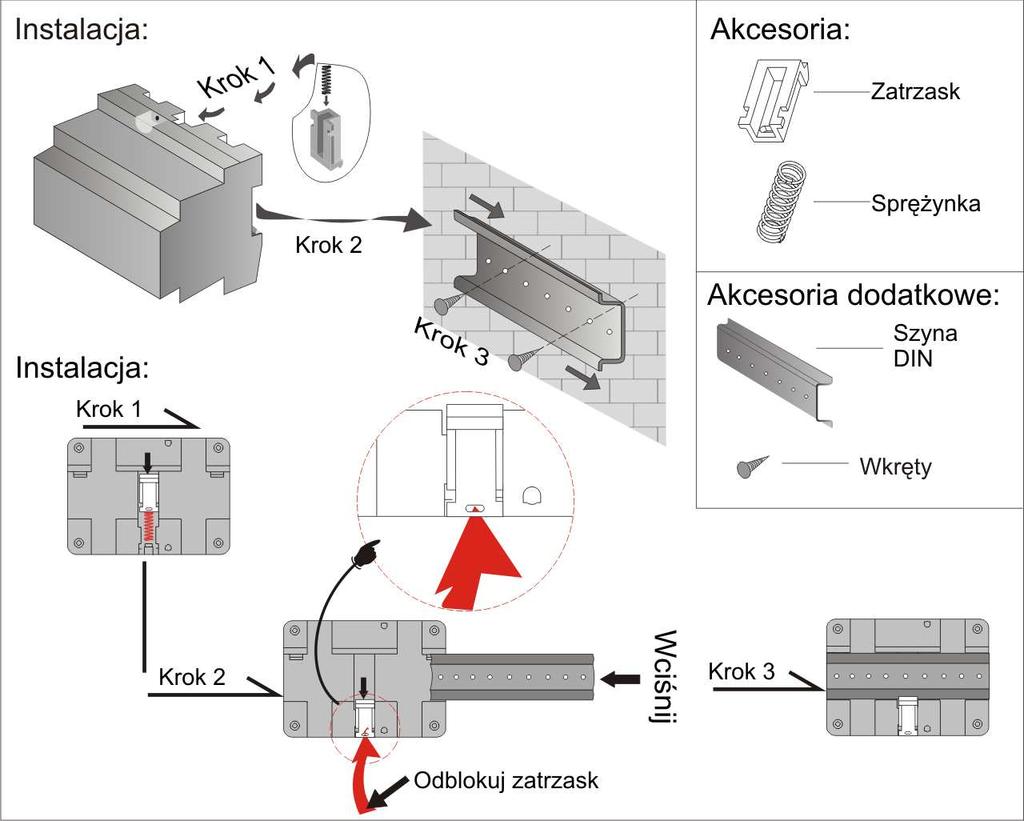 Instalacja zasilacza na szynie DIN Wymiary otworów do osadzenia puszki instalacyjnej Wymiary otworu w ścianie Głębokość otworu D2: