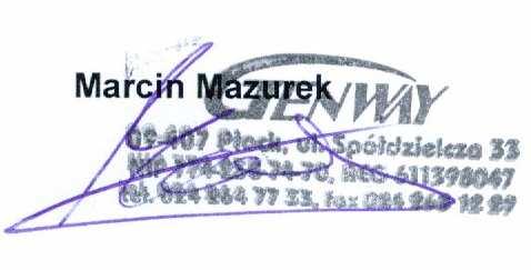 DEKLARACJA ZGODNOŚCI CE Wystawiona przez: GENWAY Marcin Mazurek 09-407 Płock, ul.