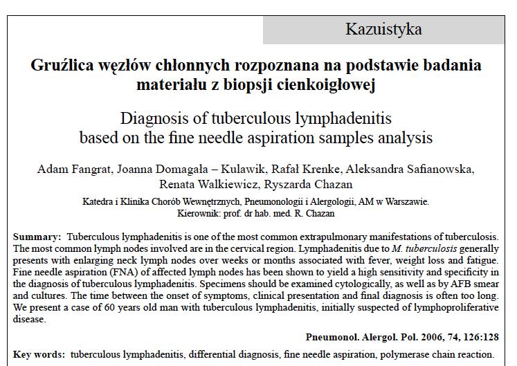 n=156 pacjentów z potwierdzoną gruźlicą węzłów chłonnych