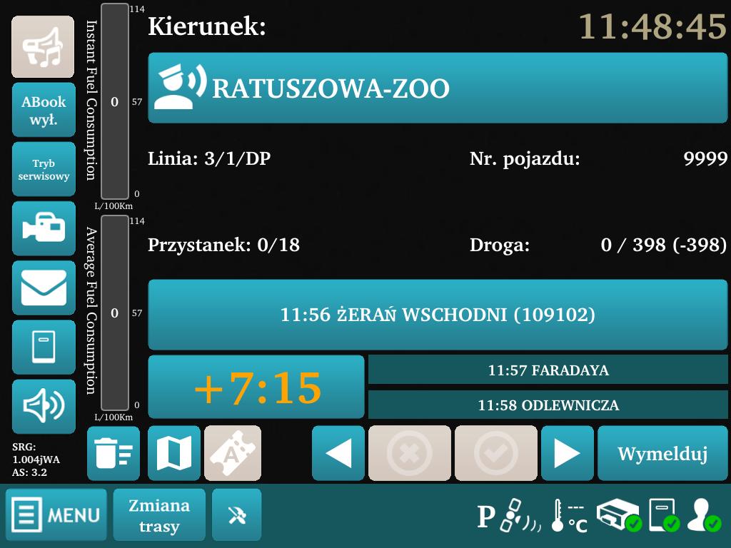 Rysunek 8: Okno przed startem kursu Za pomocą przycisku trasa zostanie uruchomiona (widnieje na nim odchyłka czasu do najbliższego przystanku), a następnie wyświetli się informujący o tym komunikat