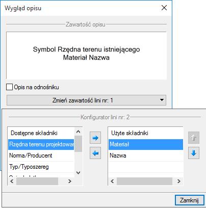 Po wciśnięciu odpowiedniego przycisku zawartości linii (górnej lub dolnej) uruchamia się dodatkowe okno umożliwiające odpowiedni wybór układu i