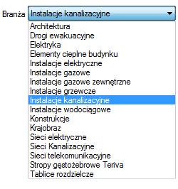 W górnej części okna edytora typów (Rys. 18) użytkownik ma możliwość wybory branży z rozwijalnej listy, na której znajdują się wszystkie dostępne w systemie ArCADia branże moduły. Rys. 19.