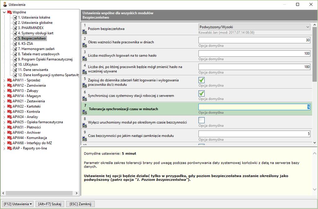 Zabezpieczenia w systemie KS- KS- Przejdź do funkcjonalności Opcje modułów i wyszukaj opcje związane z bezpieczeństwem. Ustaw opcję Wspolne.5.1 na Podwyższony.