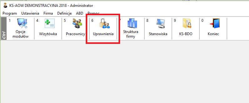 Uprawnienia możemy konfugirować w module APW41 Administrator. Wybierz Uprawnienia.