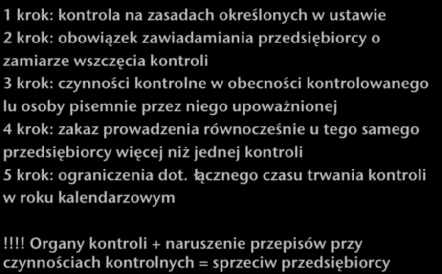 Kontrola działalności gospodarczej 1 krok: kontrola na zasadach określonych w ustawie 2 krok: obowiązek zawiadamiania przedsiębiorcy o zamiarze wszczęcia kontroli 3 krok: czynności kontrolne w