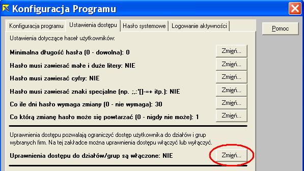 Rys. 11 W celu włączenia weryfikacji uprawnień dostępu należy na ekranie 'Konfiguracja Programu' wybrać przycisk 'Zmień.