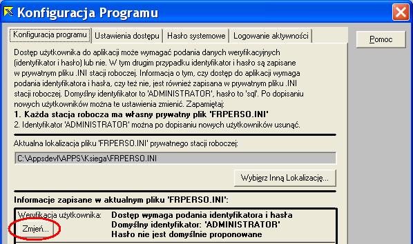 1 Weryfikacja użytkownika natychmiast po uruchomieniu modułu Administrator - domyślne hasło to 'sql'. Haslo Administratora (jeżeli nie zostało zmienione) to 'sql'.