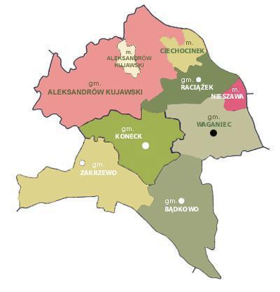 Strona 4 z 35 oraz 6 gmin wiejskich: Aleksandrów Kujawski, Bądkowo, Koneck, Raciążek, Waganiec, Zakrzewo, 150 miejscowości, 118 sołectw.