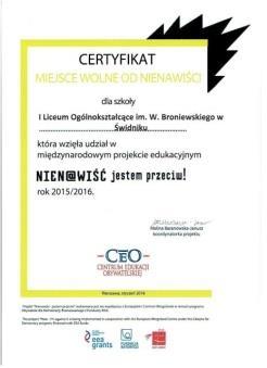 OD NIENAWIŚCI za promowanie na terenie I Liceum postaw tolerancji i