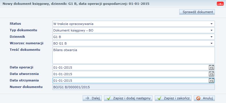 14 Materiały pomocnicze dla użytkownika aplikacji Wpisz daty bilansu otwarcia lub kliknij przycisk i skorzystaj z kalendarza. 4. Kliknij przycisk Dalej.