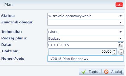 Finanse 17 1. Kliknij w menu kartę Dokumenty źródłowe i wybierz funkcję Plany budżetowe. 2. Kliknij przycisk Dodaj. 3. Uzupełnij pola w oknie Plan. Pozostaw status W trakcie opracowywania.