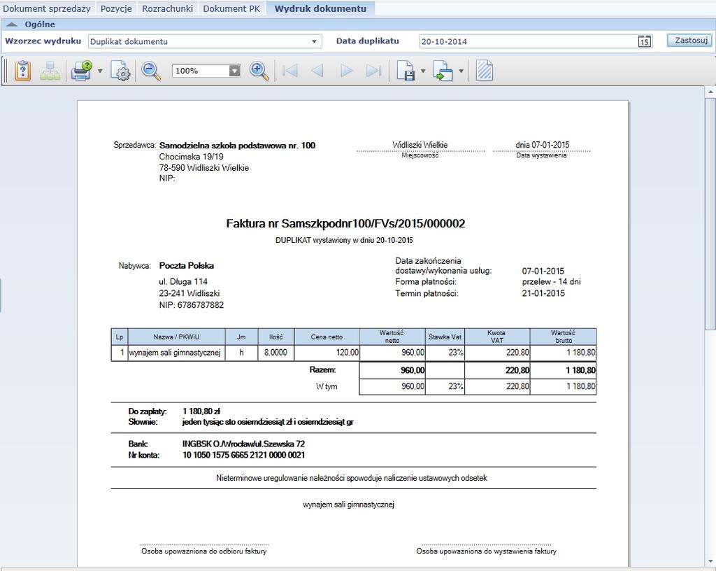 24 Materiały pomocnicze dla użytkownika aplikacji 2. W polu wzorzec wydruku korzystając z listy rozwijalnej wybierz Duplikat dokumentu. 3. Wybierz datę i kliknij przycisk Zastosuj.