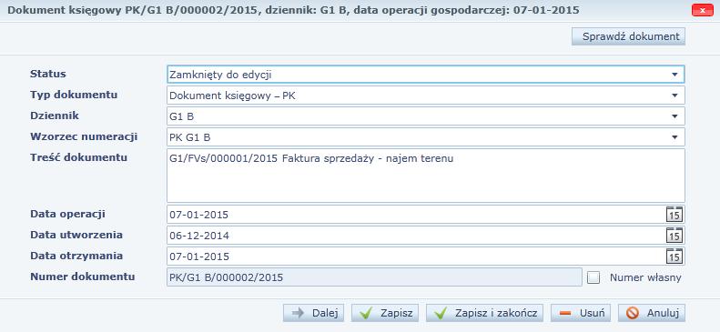 40 Materiały pomocnicze dla użytkownika aplikacji Ćwiczenie 2. Przygotowanie dokumentów do księgowania 1. Kliknij w menu kartę Dzienniki i wybierz funkcję Bieżące. 2. Rozwiń gałęzie w drzewie danych i kliknij pozycje wygenerowanego dokumentu księgowego.