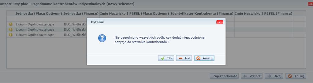 Finanse 59 Jeśli import osób dokonywany jest po raz pierwszy, a kontrahentów tych nie ma w bazie, wystarczy kliknąć przycisk Dalej, a program Finanse wyświetli komunikat,