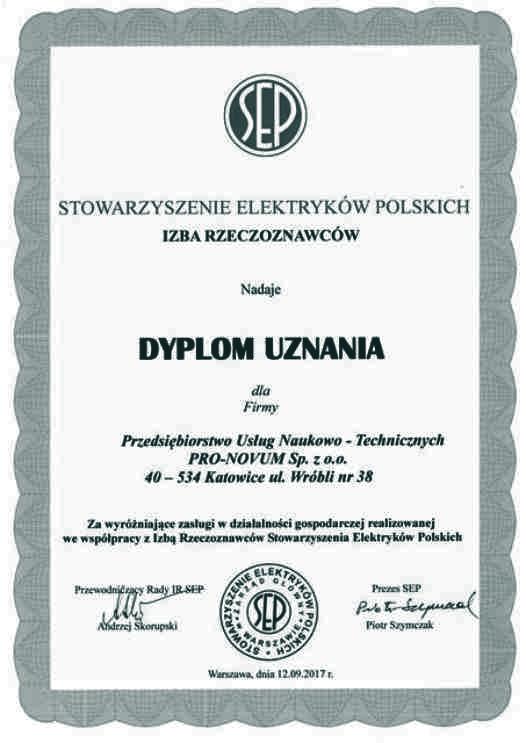 Dyplom Uznania Izby Rzeczoznawców Stowarzyszenia Elektryków