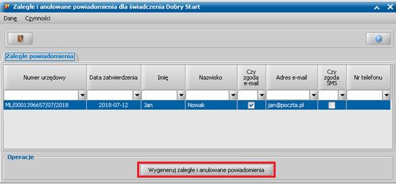 W przypadku gdy w systemie będą takie decyzje, otworzy się okno "Zaległe i anulowane powiadomienia dla świadczenia Dobry Start", w którym należy wskazać decyzję lub kilka decyzji, dla których chcemy