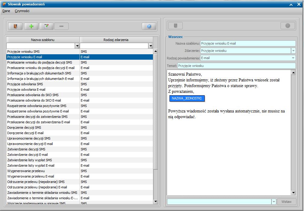Na liście po lewej stronie widoczne są wszystkie elementy słownika, tj. wszystkie szablony zdefiniowane dla poszczególnych powiadomień/zdarzeń.
