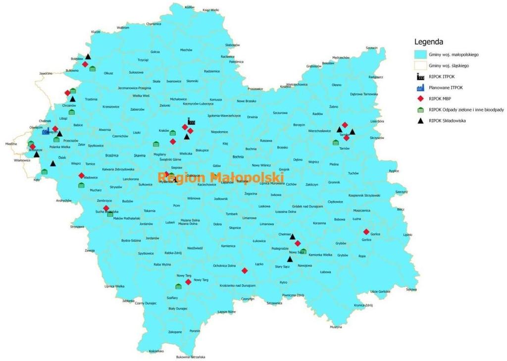 Rysunek 1. Zasięg Regionu Małopolskiego wraz z lokalizacją instalacji do odpadów.