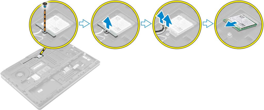Instalowanie karty sieci WLAN 1 Umieść kartę WLAN w gnieździe w komputerze. 2 Poprowadź kable anteny przez kanał prowadzący i podłącz je do karty WWAN.