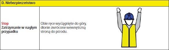 Osoba przekazująca sygnały ręczne sygnalista lub hakowy wykonuje za pomocą dłoni określone w tabeli gesty. Przekazuje w ten sposób osobie odbierającej sygnał instrukcje dotyczące określonych manewrów.