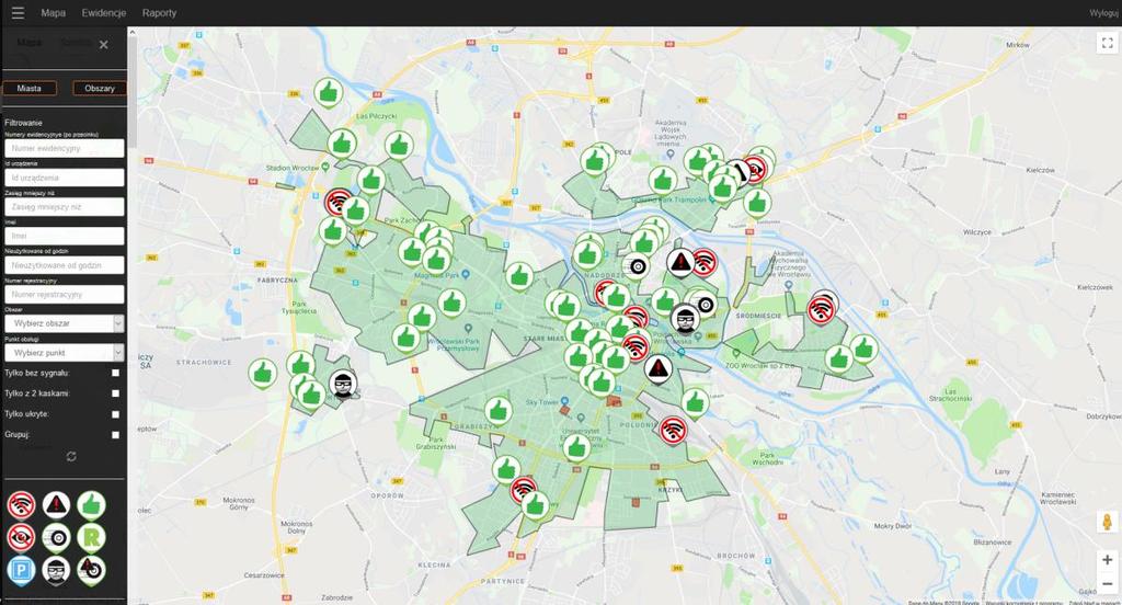 II. Aplikacja WWW dla administratorów 1) MAPA Główny podgląd wszystkich pojazdów na tle mapy z ikonkami określającymi stany pojazdów.