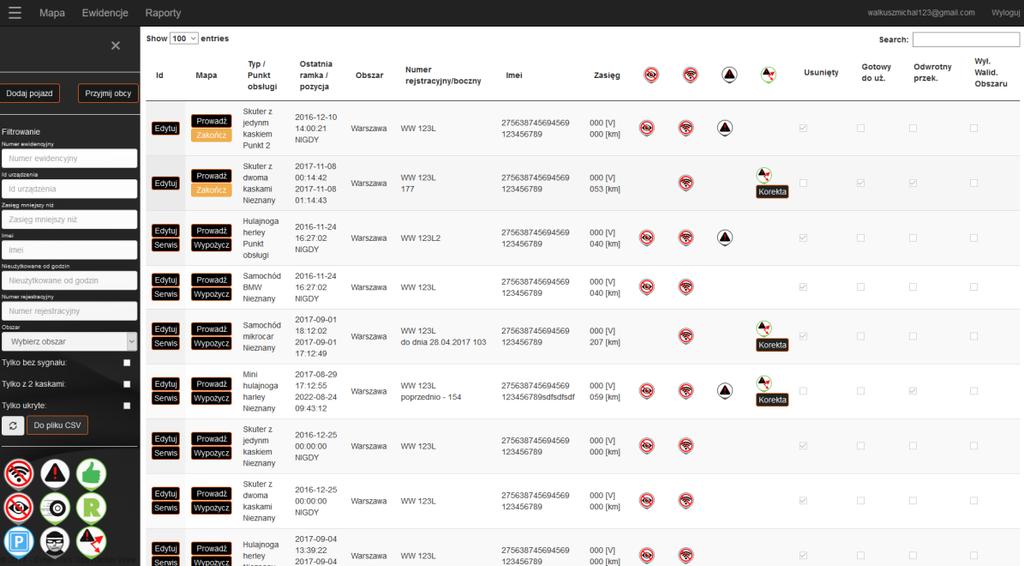 Lista przedstawia szczegóły pojazdów typ, ostatnia wysłana ramka z GPS, obszar, numer rejestracyjny, numer imei GPS.