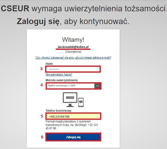 Na kolejnym ekranie należy podać hasło (3) a następnie w okienku Metoda uwierzytelniania wybrać opcję Telefon komórkowy + SMS (4).