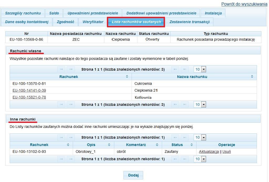 Widok zakładki Lista