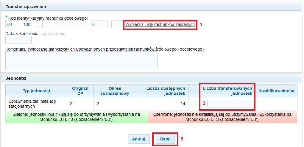 W nowym oknie należy wybrać rachunek z Listy rachunków zaufanych (1) lub w przypadku rachunków obrotowych wprowadzić numer rachunku