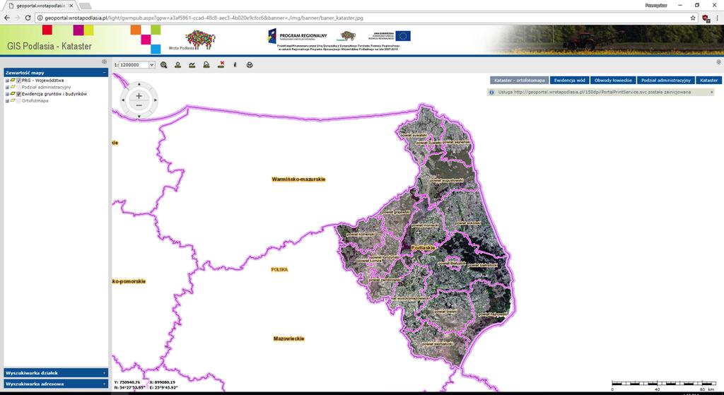 Geoportal GIS Podlasia Dane katastralne możemy wyświetlić na ortofotomapie.