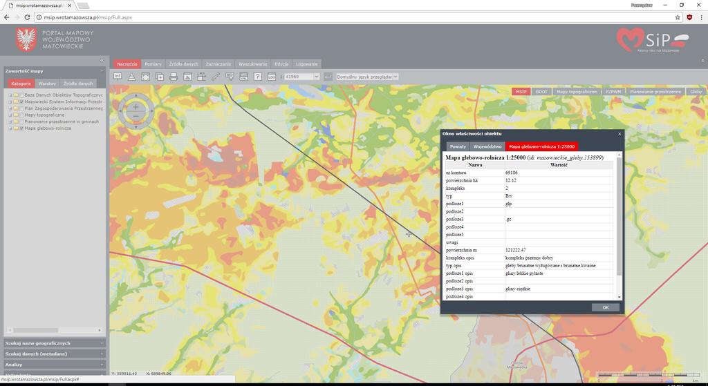 Wrota Mazowsza Po wyborze narzędzia do identyfikacji i kliknięciu w wybrany obszar otwieramy okno z jego opisem.