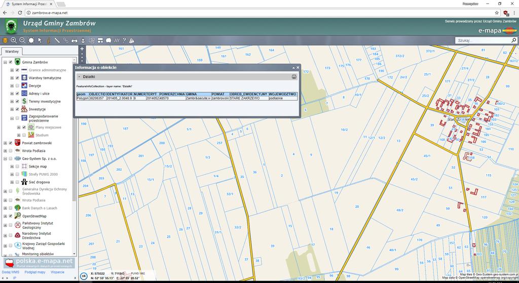 Urząd Gminy Zambrów Geoportal pozwala obejrzeć mapę ewidencyjną i pozyskać