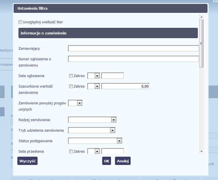 W otwartym oknie Ustawienia filtra zawierającym wszystkie pola z obu sekcji, możesz wpisać wybrane przez siebie parametry i potwierdzić swój wybór