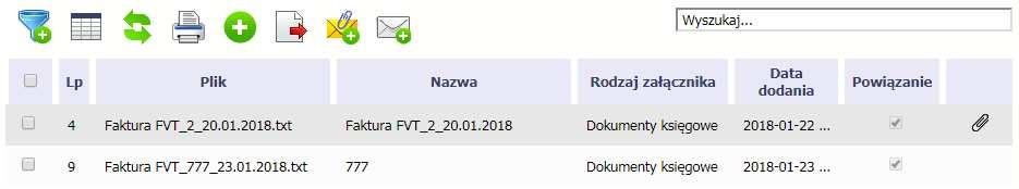 Ponadto, system wyróżnia poprzez symbol spinacza Dokumentacja., które pliki stanowiły integralną część danego dokumentu a które z nich powiązano poprzez moduł Przykład: Plik Faktura FVT_2_20.01.2018.