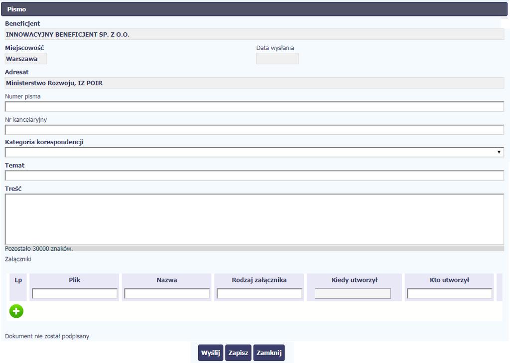 W otwartym oknie Pismo musisz uzupełnić wymagane pola (są